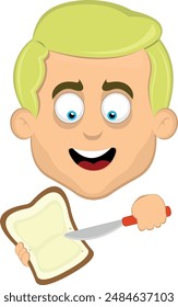 vector illustration face man cartoon blonde and blue eyes, spreading butter on a slice of bread with a spreader