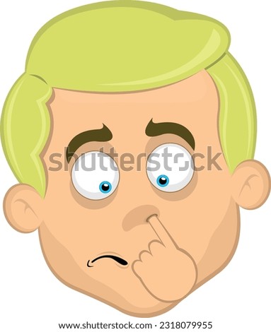 vector illustration face of man cartoon blonde with blue eyes picking his nose