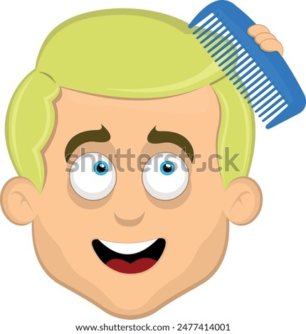 vector illustration face man cartoon blonde and blue eyes, combing her hair with a blue comb