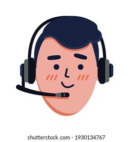 Vector Illustration, Face, Man In Headset, Call Center Dispatcher, Cartoon