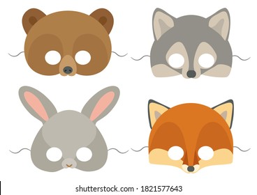 Ilustración vectorial máscara de cara conjunto de lindos animales del bosque: oso marrón, lobo, liebre y zorro. Colección de máscaras animales para los niños.