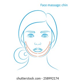Vector illustration: face massage instruction for cheekbones and chin - blue sketch
