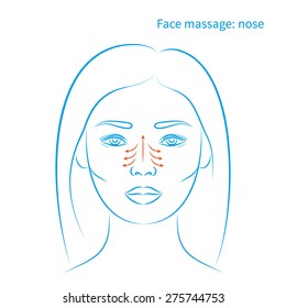 Vector illustration: face massage instruction for nose blue sketch of young and beautiful asian woman