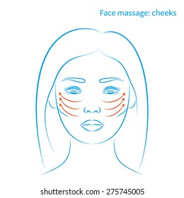 Vector illustration: face massage instruction for cheeks and face lifting  blue sketch of young and beautiful asian woman