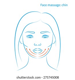 Vector illustration: face massage instruction for chin and face lifting blue sketch of young and beautiful asian woman
