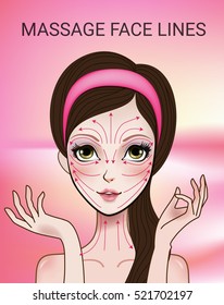 Vector illustration with face massage lines. Face massage scheme demonstrated on beautiful girl.