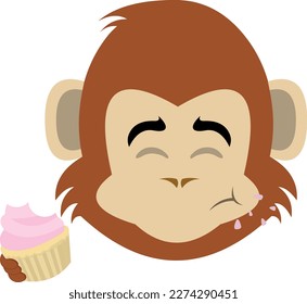 vector illustration face of a monkey primate cartoon eating a cupcake or muffin