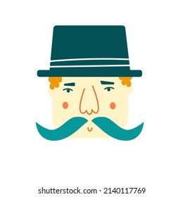 Vector illustration with face of mustache man in a top-hat isolated on white background.
