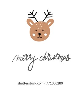 vector illustration face muzzle wild animal deer deer brown horns wording word happy christmas child theme Scandinavian interior design card smiling happy