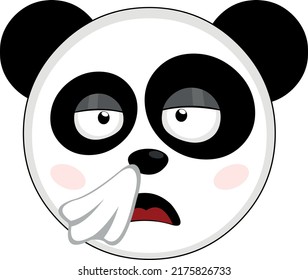 Vector illustration of the face of a panda bear cartoon cold with a handkerchief on the nose