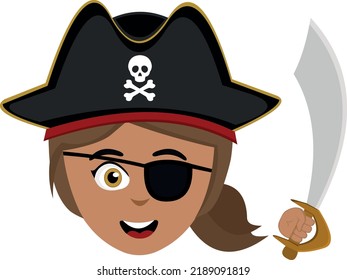 Vector Illustration Of The Face Of A Pirate Woman With A Patch On One Eye, A Hat And A Sword In Her Hand