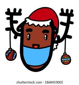 Vector illustration of face of polar deer in a Christmas hat, drawn in medical protective mask against virus. Childish illustration in Scandinavian cartoon style. Doodle hand-drawn deer in mask.