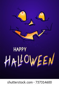 Vector illustration with face of the pumpkin head on the night background with text Happy Halloween. Hand drawn lettering.