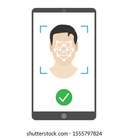 Vector illustration, face recognition system, scanning male face ID in flat style