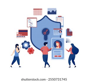 Ilustración vectorial del sistema de reconocimiento facial para la seguridad de los datos y la privacidad del usuario, protegiendo contra el robo de datos con escudos, llaves y controles de acceso simplificados para interacciones en línea más seguras