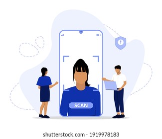 Vector Illustration, Face Recognition Technology Concept, Showing a mobile apps with biometric face detection technology features, Suitable for landing page, ui, web, App intro card, editorial, banner