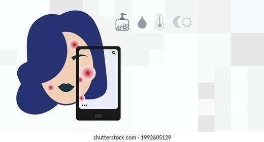 ilustración vectorial de la cara con manchas rojas para el diagnóstico dermatológico con aplicación telefónica