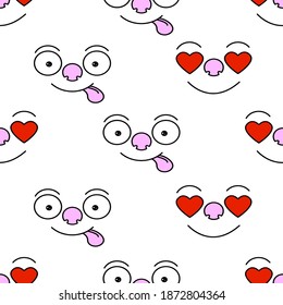 Vector illustration. Face seamless pattern with hearts and tongue on a white background. Design element for poster, banner, clothes.