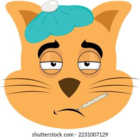 vector illustration of the face of a sick cartoon cat, with a thermometer in the mouth and a bag of water on the head