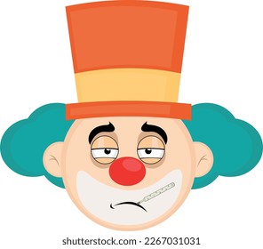 vector illustration face of a sick cartoon clown with a thermometer in his mouth