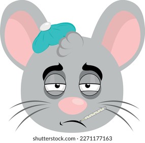 vector illustration face of a sick cartoon mouse, with a thermometer in its mouth and a bag of water on its head