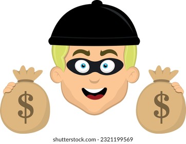 vector illustration face of thief cartoon with mask, hat and holding bags of money