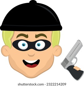 vector illustration face thief cartoon, with mask, wool hat and a gun firearm in hand