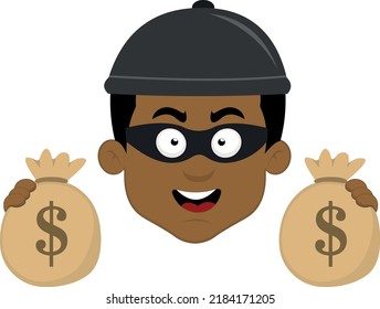 Vector illustration of the face of a thief with a hat, mask and bags of money in his hands