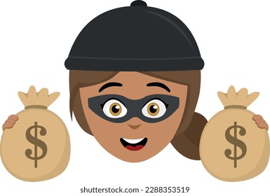 vector illustration face of a thief woman, with mask, hat on her head and holding bags of money