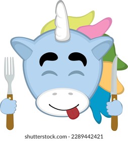 vector illustration face of unicorn cartoon, an expression of yummy how delicious with a knife and fork in his hands