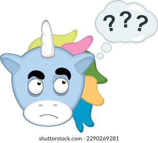 vector illustration face of a unicorn cartoon thinking or doubtful,with a thought cloud with question marks