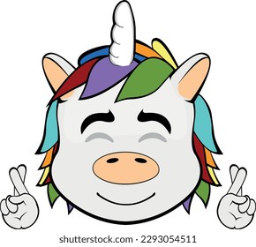 ilustración vectorial cara caricatura de unicornio cruzando los dedos de las manos, pidiendo un deseo o buena suerte