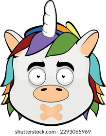 vector illustration face unicorn cartoon with adhesive bands in the mouth