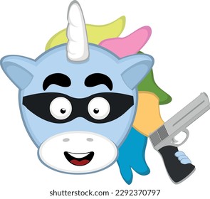 vector illustration face of a unicorn thief cartoon with a mask and a gun in his hand