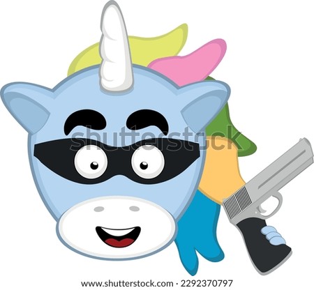 vector illustration face of a unicorn thief cartoon with a mask and a gun in his hand