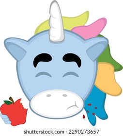 vector illustration face of unicornio cartoon eating a red apple