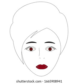 Vector illustration of the face of a vampire girl. Full face. Short pixie haircut. Plump lips, white fangs. In front of my eyes, carnival lenses are red. Face on an isolated background. Idea for book.
