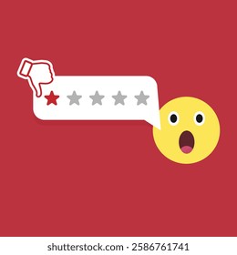 Vector illustration of a face with white speech bubble containing one rating star and a red thumbs down icon