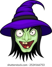 Vector illustration of the face of a witch in a purple hat, smiling in a sinister way.