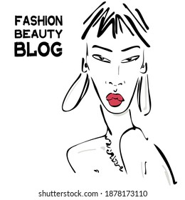 Vector illustration with face of a woman with jewelry and red lips. Hand drawn icon and symbol for print, poster, sticker, card design, invitations to the fashion week, picture for make-up certificate