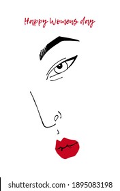 Vector illustration with face of a woman with jewelry and red lips. Hand drawn icon and symbol for print, poster, sticker, card design, invitations to the fashion week, picture for make-up certificate