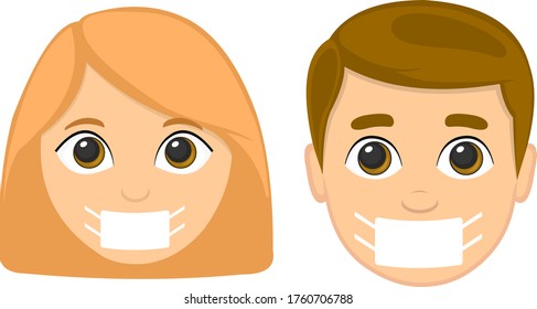 Vector illustration of the face of a woman and a man with a mask, to take care of the pandemic