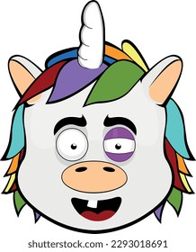 vector illustration face of a wounded cartoon unicorn, with a black eye and a single tooth