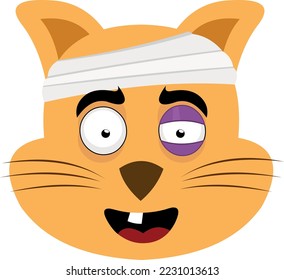 vector illustration of the face of a wounded and injured cartoon cat, with a bandage on the head, a black eye and a single tooth