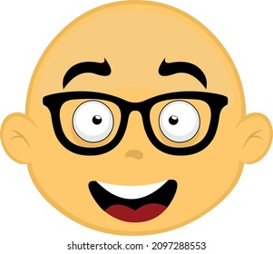 Vector illustration of the face of a yellow and bald cartoon character, with nerd glasses