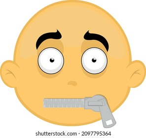 Ilustración vectorial de la cara de un personaje de caricatura amarillo y calvo, con un cierre en la boca en el concepto de callar o hacer silencio
