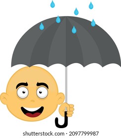 Vector illustration of the face of a yellow and bald cartoon character, holding an umbrella with raindrops