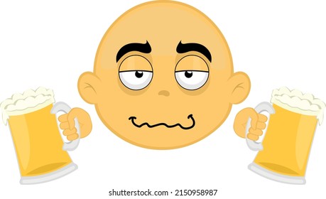Vector illustration of the face of a yellow and bald cartoon character, drunk with glasses of beer in his hands