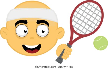 Vector illustration of the face of a yellow, bald cartoon character with a headband, a racket and a tennis ball