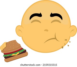 Vector illustration of the face of a yellow and bald cartoon character, eating a hamburger